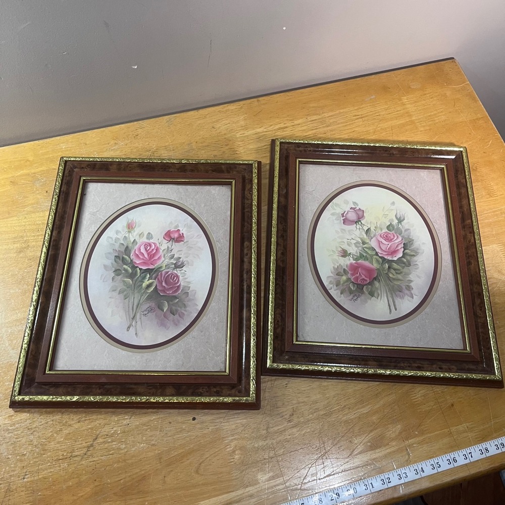 Vtg Wyona Newton Pink Rose Floral Prints Set of 2 Burl Wood Gold Frames Glass